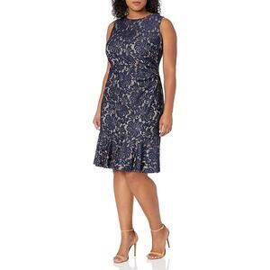 Eliza J Women's Sleeveless Navy Blue Tan Lace Peplum Hem Side Ruching Dress 10